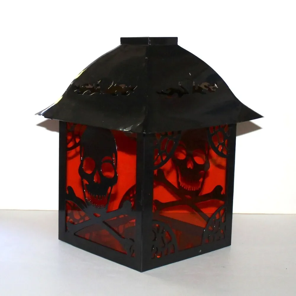 Large Lantern Skull and Bones black metal orange halloween goth decor 10